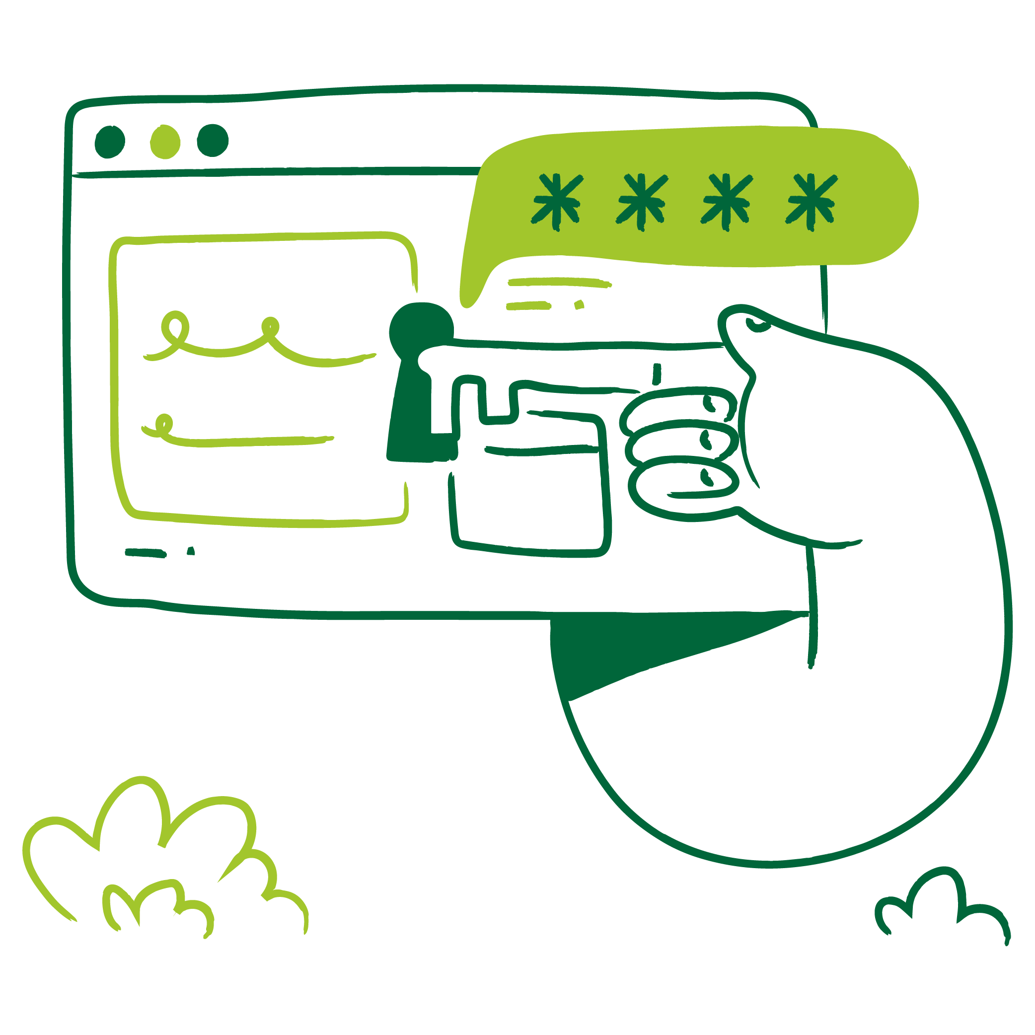 Afbeelding van een beeldscherm waar een vinger in de vorm van een sleutel in een slot wordt gestoken. Password protection